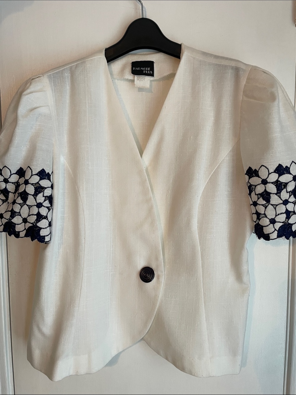 VINTAGE Halmode Plus White Short Sleeve Jacket with Navy Crochet Trim Sleeves